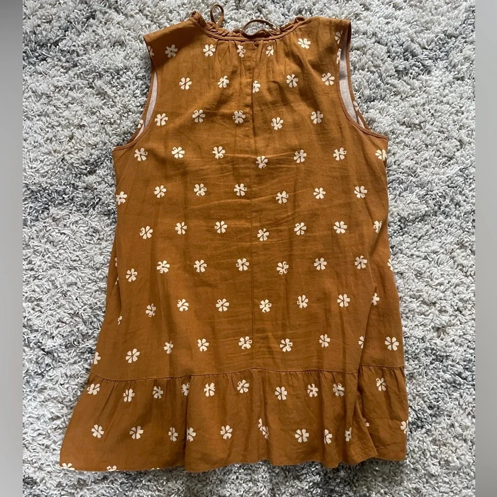 Floral Linen Blend Sleeveless Ruffle Mini Dress Tobacco Brown‎ Women Small